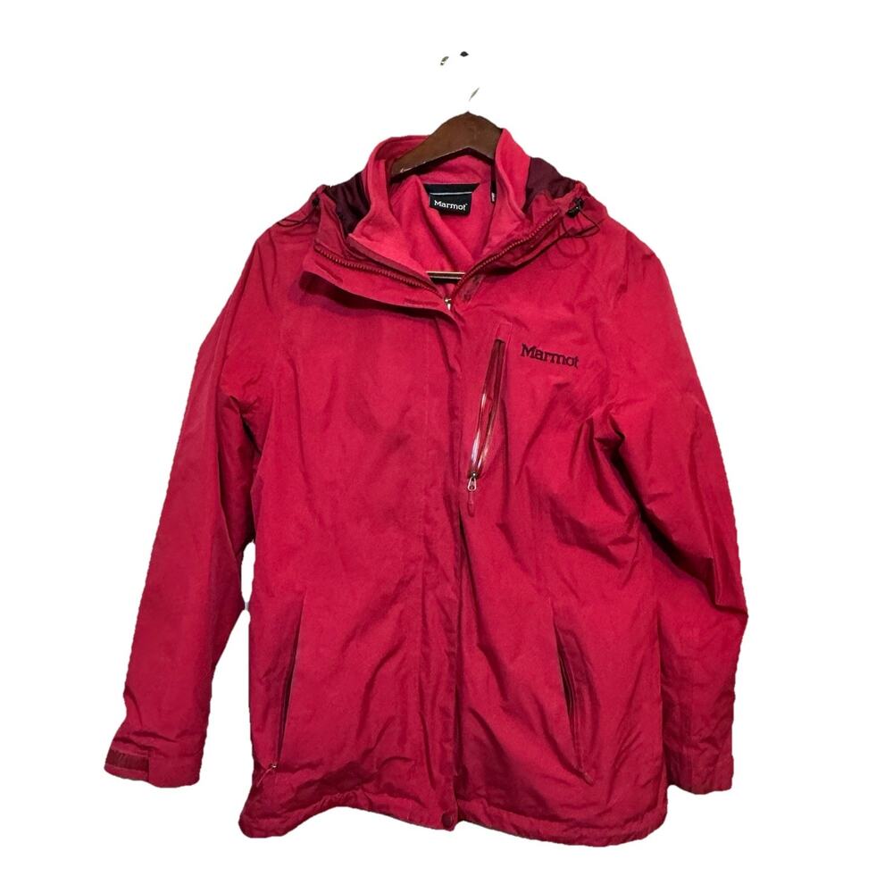 Marmot Jacket Women’s Sz Large Red Full Zip Hood Rain Windbreaker Nylon Outer